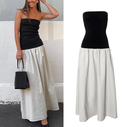 Enyami Romantic Elegant Chic Fashion Summer Black White Patchwork Design Dating Party Sleeveless Women Maxi Dress