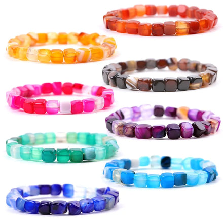 Colorful Square Agate Stone Bracelet 8mm Banded Agate Cube Beads Bracelet Square Shaped Striped Agate Bracelets