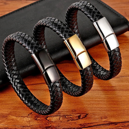 Custom Men's Gold Genuine Leather Bracelet Magnetic Clasp Logo Engraving for Fathers' Day Christmas Gift Fashionable Bangles