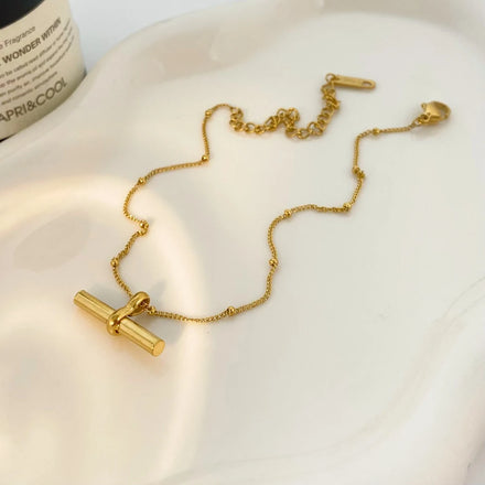 Stainless Steel Anklet 18K Gold Personalized Tbar Rod Pendant Round Bead Chain Anklet Fashion Versatile Anklet Jewelry
