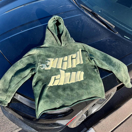 Custom Green Men Hoodies Puffer Print Thick Cotton Cropped Oversized Rippber Sun Fade Hoodie