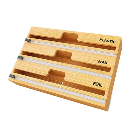 Plastic Foil Wrap Dispenser With Cutter Tin Foil Paper Cutting Storage Box Bamboo Wood Drawer Bamboo Roll Organizer Holder
