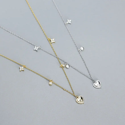 Fine Women Jewelry 925 Sterling Silver Cubic Zirconia Four Leaf Clover Heart Charm Necklace