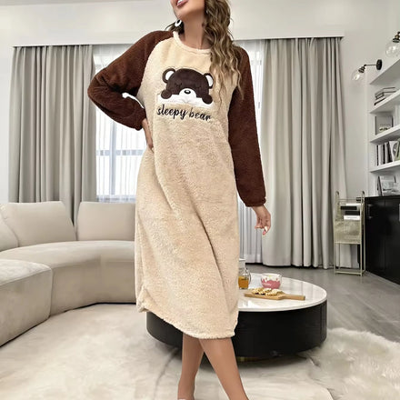 Autumn Winter New Style Nightgown Long Sleeve Warm Flannel Thickened Cartoon Print Women's Sleepwears Home Clothes