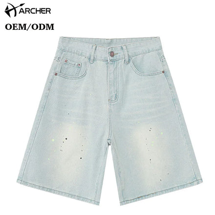 Vintage Washed 100%cotton Denim Cargo Shorts Custom logo Print Double Knee Jean Shorts Casual Baggy Fit Jorts Streetwear for Men