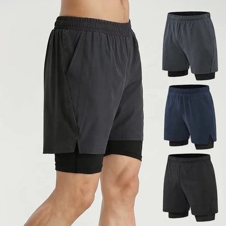 2 in 1 Double Layer Running Shorts Side Pocket Blank Athletic Men's Gym Shorts