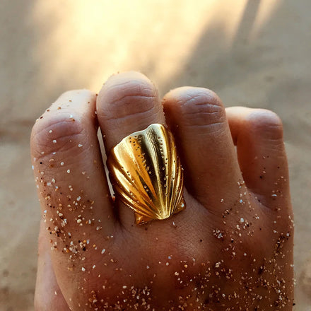 New Jewelry Waterproof 18K PVD Gold Plated Seashell Ring Shape Ocean Series Stainless Steel Shell Opening Rings