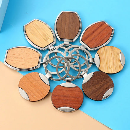 Wholesale Wood Laser Blanks Key Ring Custom Leather Wood Key Chain DIY Wooden Keychains for Business Gift