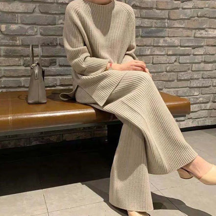 Custom Logo Women's Sweaters Set Long Clothes and Trousers Polyester Knit Two Piece Sweater Set for Women Casual O Neck