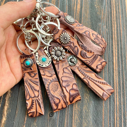 Bohemian Vintage PU Leather Carabiner Keychain for Car Fashion Women Bag Pendant Embossed Turquoise Decoration Soft