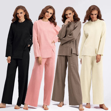Custom Knitwear Winter Fashion Casual O Neck Loose Long Pants Clothing 2 Piece Knitted Women's Two-piece Sweater Set
