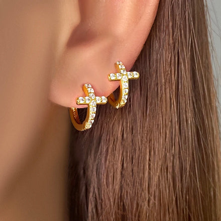Cross Jewelry Foxi Hot Sale AAA Cubic Zircon Jewelry 18K Gold Plated Hypoallergenic Cross Hoop Earrings for Women