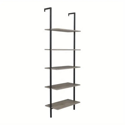 5 Tiers Ladder Shelf Brown Modern Bookshelf Open Tall Wall Mount Bookcase Standing Leaning Wall Shelves Living Room