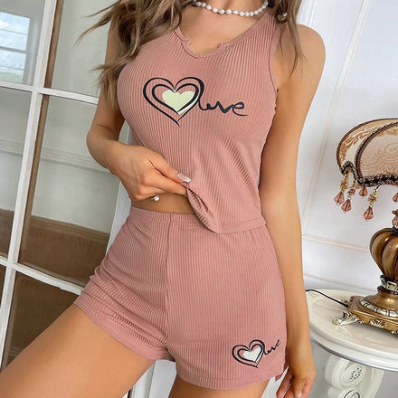 2 Piece Women Pajamas Set Printed Vest and Shorts Casual Loungewear Comfortable Pajamas Set for Women