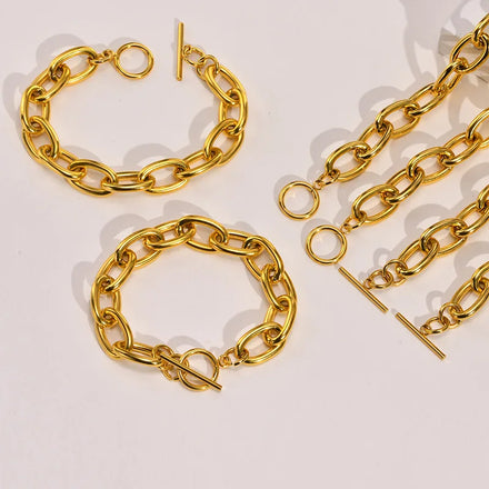 BJG0110S 18K Gold Plated Stainless Steel Link Chain Bracelet Necklace Set Stylish Classic Unisex Jewelry Fashionable Big Chain
