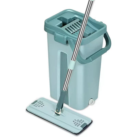 Convenient Hand-Free Microfiber Flat Mop with Steel Pole Self-Cleaning Bucket Squeegee for Efficient Floor Cleaning