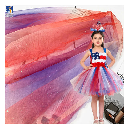 YX2124-1 American Flag Colors Polyester Gradient Digital Print Tulle Fabric 4th of July Mesh Tulle Fabric for Independence Day