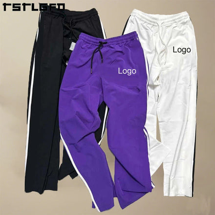 Streetwear Custom Logo 100% Cotton Heavyweight Men Stripe Sweatpants Wide Leg Pants Oversized Baggy Side Flare Sweat Pants Men