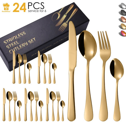 Modern 24pcs Gold Stainless Steel Flatware Sets with Steak Knives Forks Dinner Spoons Teaspoons for Restaurant Party Wedding Use