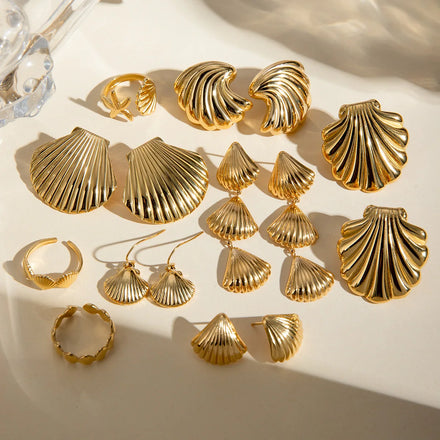 Summer Ocean Series Stainless Steel Shell Conch Open Rings Beach Necklaces Holiday Boho Earrings Women Jewelry Set