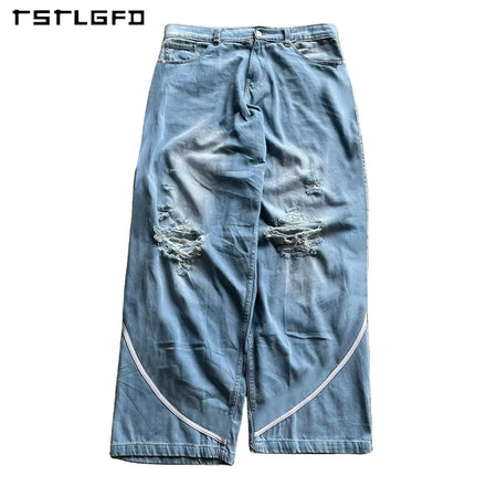 Custom Embroidery Logo Stacked Sun Faded Oversized Flared Jeans Wide Leg Men Distressed Acid Wash Baggy Striped Denim Pants Men