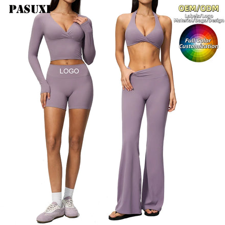 PASUXI 2026 New Plus Size Backless Yoga Wear Gym Fitness Sets Seamless Knit Long Sleeve Crop Top Flared Leggings Bra Pants Set