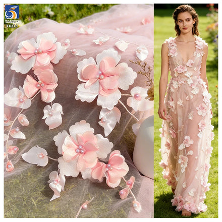 YX218 Hot Selling Wholesale Price Pearl Embroidery Handmade 3D Flower Fabric Polyester Mesh Dress Fabric