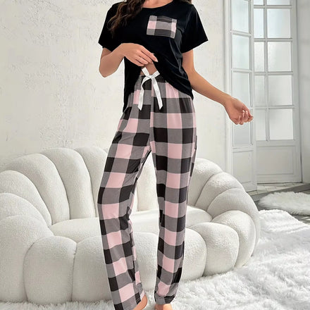 Pajamas Set Short Sleeve Crew Neck Top & Plaid Pants Pajamas Women's Sleepwear Causal Loungewear