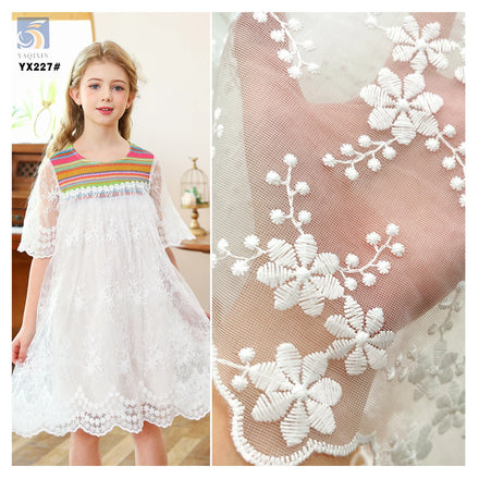 YX227 Pure White 100% Polyester Floral Embroidery Mesh Water Soluble Lace Fabric for Dress