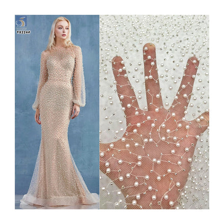 YX224 Custom Bridal Wedding Pearl Lace Fabric Handmade Embroidery Soft Bridal Lace Dress Pearl Beaded Tulle Fabric