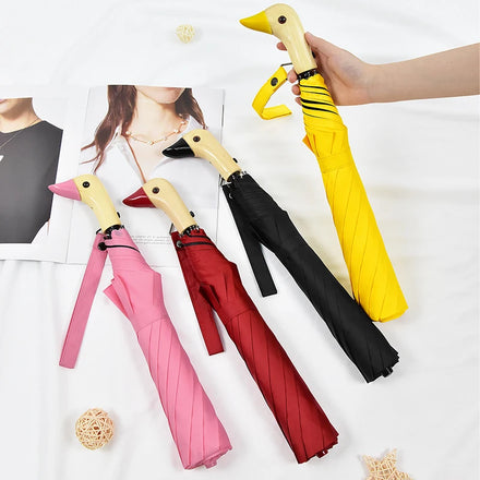21 Inch Auto-Open Two-Fold Duck Umbrella Windproof Waterproof Black with UV Protection Wooden Handle Sunshade Travel-Rain Series