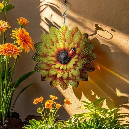 Sunflower Ladybug Wind Spinner Premium Stainless Steel UV-Printed Art Deco Design Customized Color Waterproof Ornament