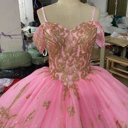 Jancember 231062 Gorgeous Pink Golden Lace Puffy Quinceanera Dresses for Sweet 15 Girls