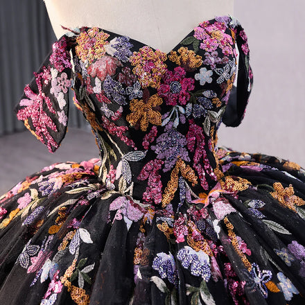 Jancember 241029 Classic Black Sweetheart Sequins Flower Ball Gown Quinceanera Dresses