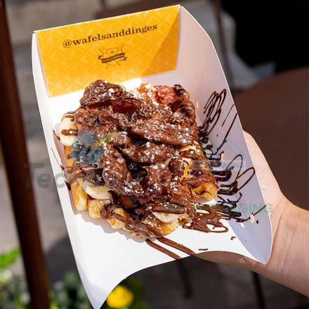 Disposable Greaseproof Paper Crepe Waffle Tray Take Away Paper Food Snack Tray with Customized Logo