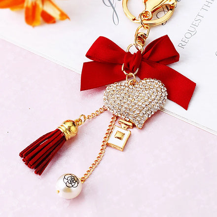 Fashionable Ladies Heart-shaped Bow Perfume Bottle Tassel Keychain with Alloy Rhinestone love Bag Keychain Suitable for Girls