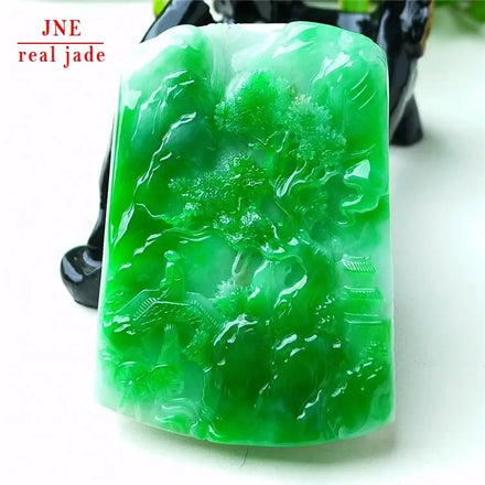 Myanmar a Type Carved Character Brand Jade Pendant Positive Green Landscape Pendant Emerald Pendant 96.26