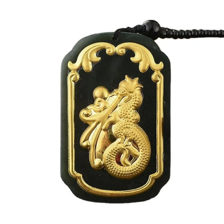 Certified Gold Inlaid Jade 4D Ink Jade Inlaid Gold Ink Jade Dragon Shaped Fu Character Pendant for Men Live Source Gift