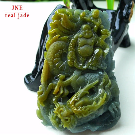 Myanmar Natural a Type Jadeite Jade Pendant Blue Water Double Color Auspicious Dragon Buddha Emerald Pendant 73.03