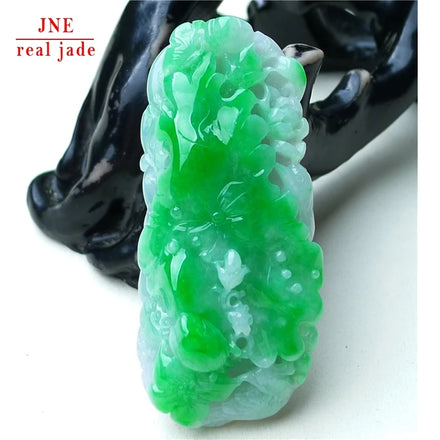Myanmar Natural a Type Jadeite Jade Pendant Green Lotus Fish Emerald Pendant 35.06