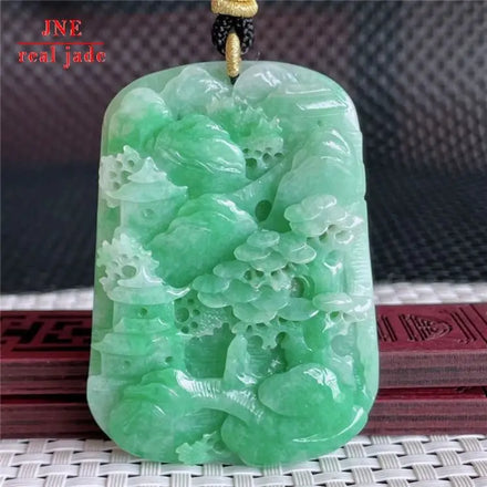 Myanmar a Type Carved Character Brand Jade Pendant Full of Green Landscape Pendant Emerald Pendant 93.40