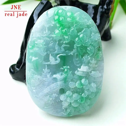 Myanmar a Type Carved Character Landscape Jade Pendant Ice-Like Positive Color Landscape Pendant Emerald Pendant 84.10