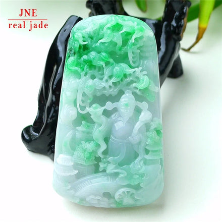 Myanmar Natural a Type Jadeite Jade Pendant Mauve Jadeite Landscape God of Wealth Emerald Pendant 95.81
