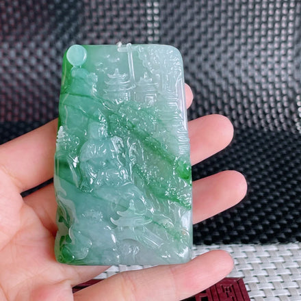 Myanmar Natural a Type Jadeite Jade Pendant Ice-Like Green Landscape Guanyin Bodhisattva Emerald Pendant 82.01