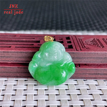 Myanmar Natural a Type Jadeite Jade Pendant 18K Gold Full Green Buddha Emerald Pendant 6.60