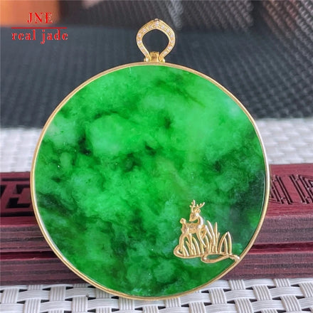 Myanmar Natural a Type Jadeite Jade Pendant 18K Gold Full Green Tranquility and Peace Plate Emerald Pendant 22.38