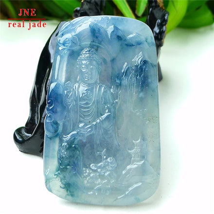 Myanmar Natural a Type Jadeite Jade Pendant Ice-Like Floating Flowers Amitabha Buddha Emerald Pendant 66.62