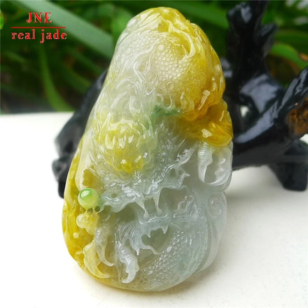 Myanmar Natural a Type Jadeite Jade Pendant Ice-Like Double Color Floating Flowers Dragon Brand Emerald Pendant 71.70