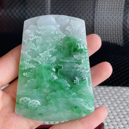 Myanmar a Type Carved Character Brand Jade Pendant Full of Green Landscape Pendant Emerald Pendant 52.77
