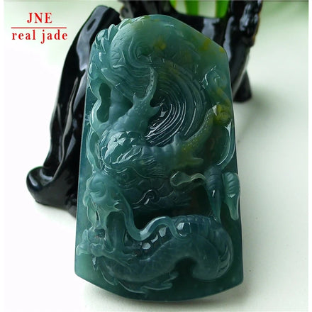 Myanmar Natural a Type Jadeite Jade White Pendant Double Color Blue Water Zodiac Dragon Brand Emerald White Pendant 88.02